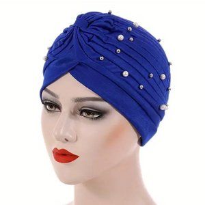 Faux Pearl Rhinestone Decor Turban Blue Head Wrap Elastic Head Scarf Chemo Cap